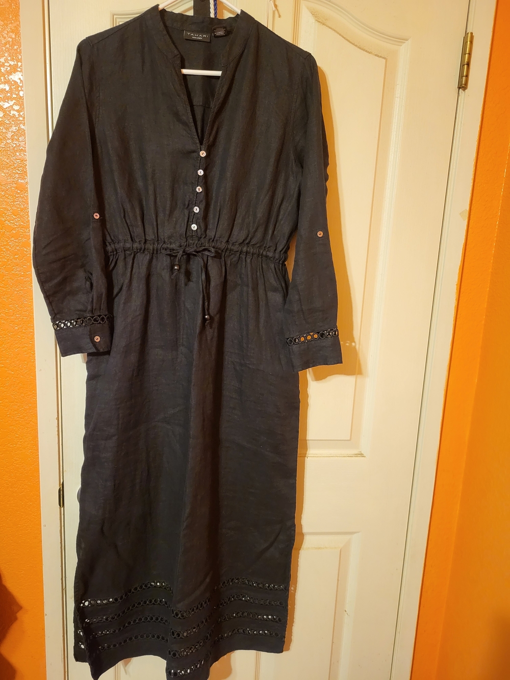 Tahari Black Linen Button-Front Maxi Dress